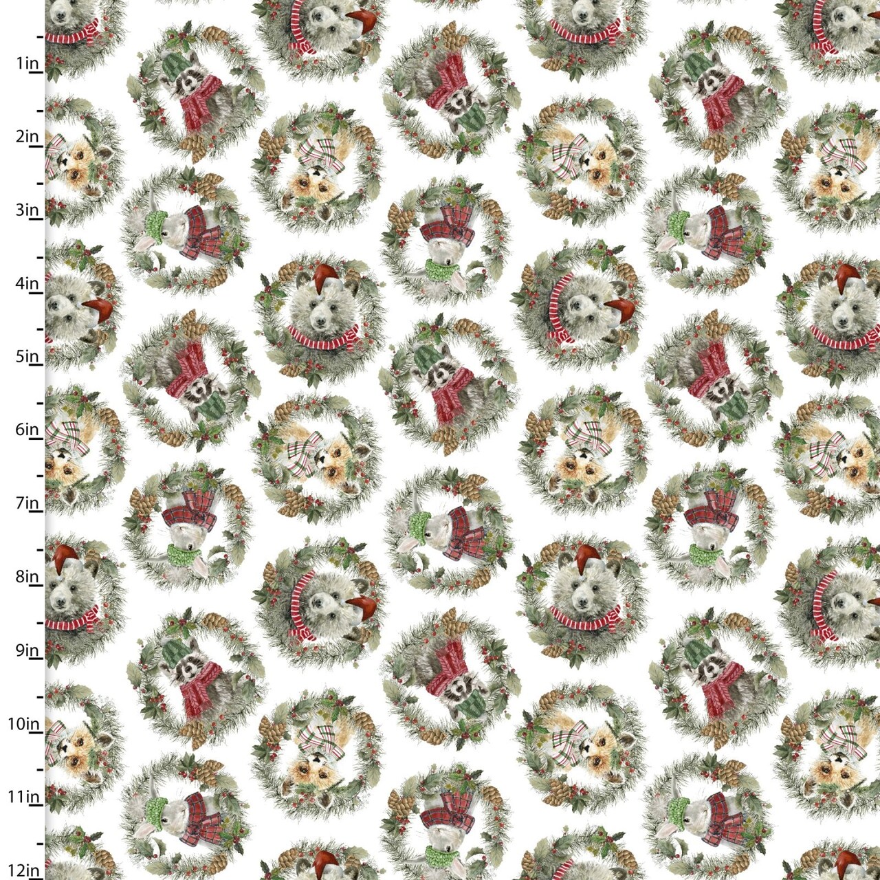 Fabric 3 Wishes White Animal Wreaths Whimsy Winter Woodland by the Quarter Yard 23778-WHT